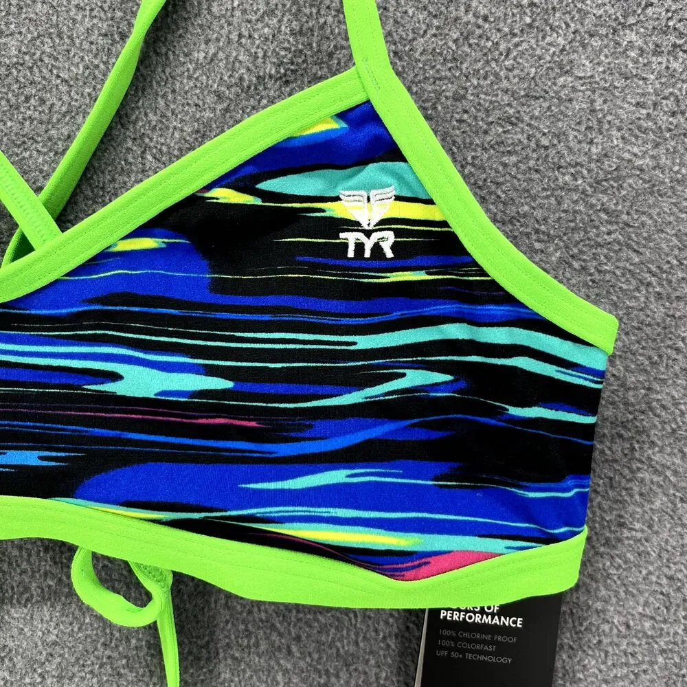 TYR Bikini Top Women XL 14 16 Blue Green Fresno Mojave Tie back‎ Swimwear